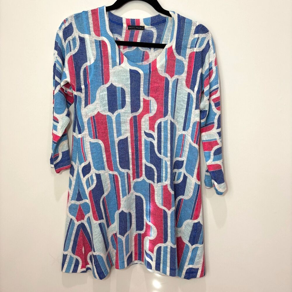 Nally & Millie Knit Tunic Top Women S Geometric Blue Pink USA VTG 70s Mod Hippie